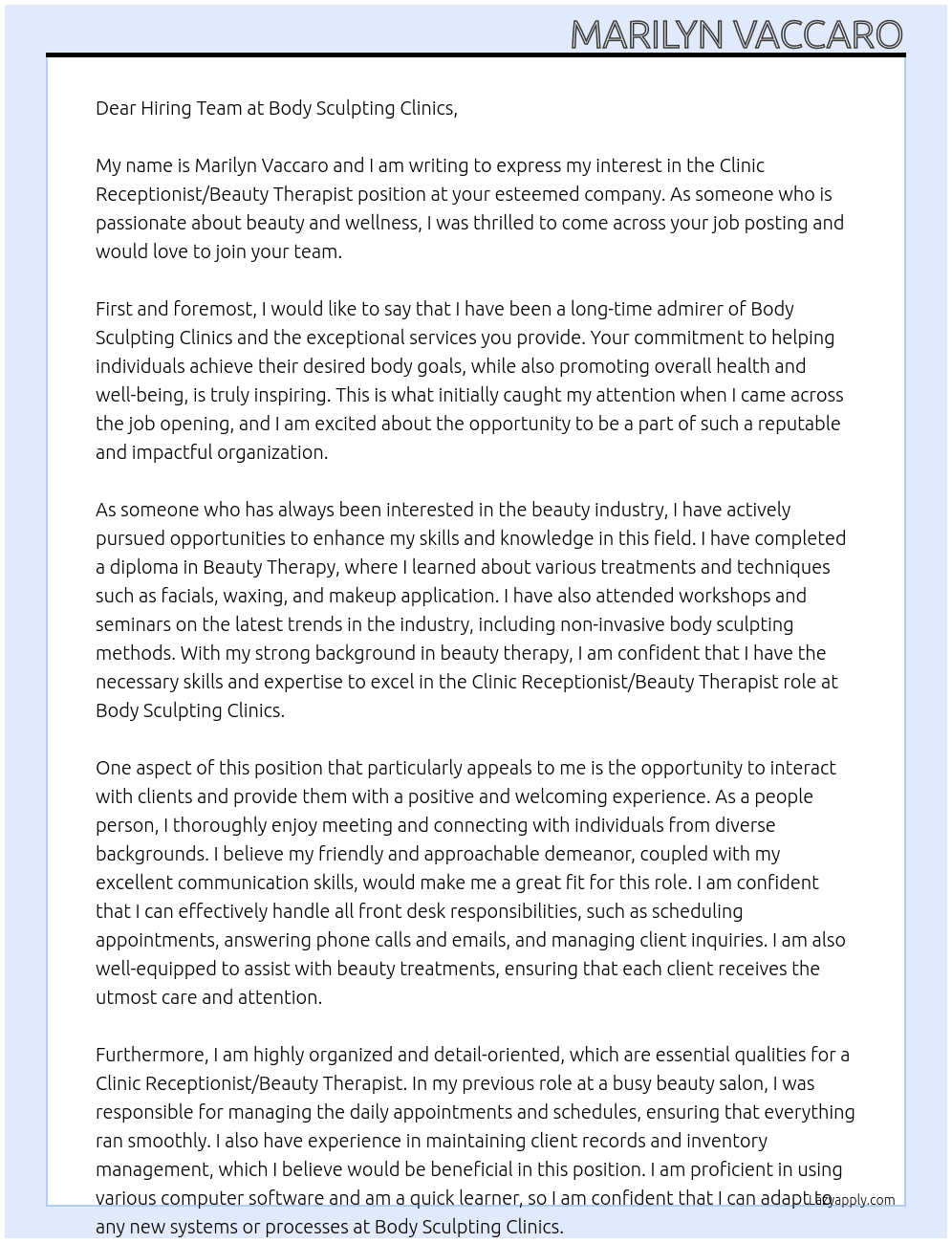 Clinic Receptionist/ Beauty Therapist At Body Sculpting Clinics Cover Letter
