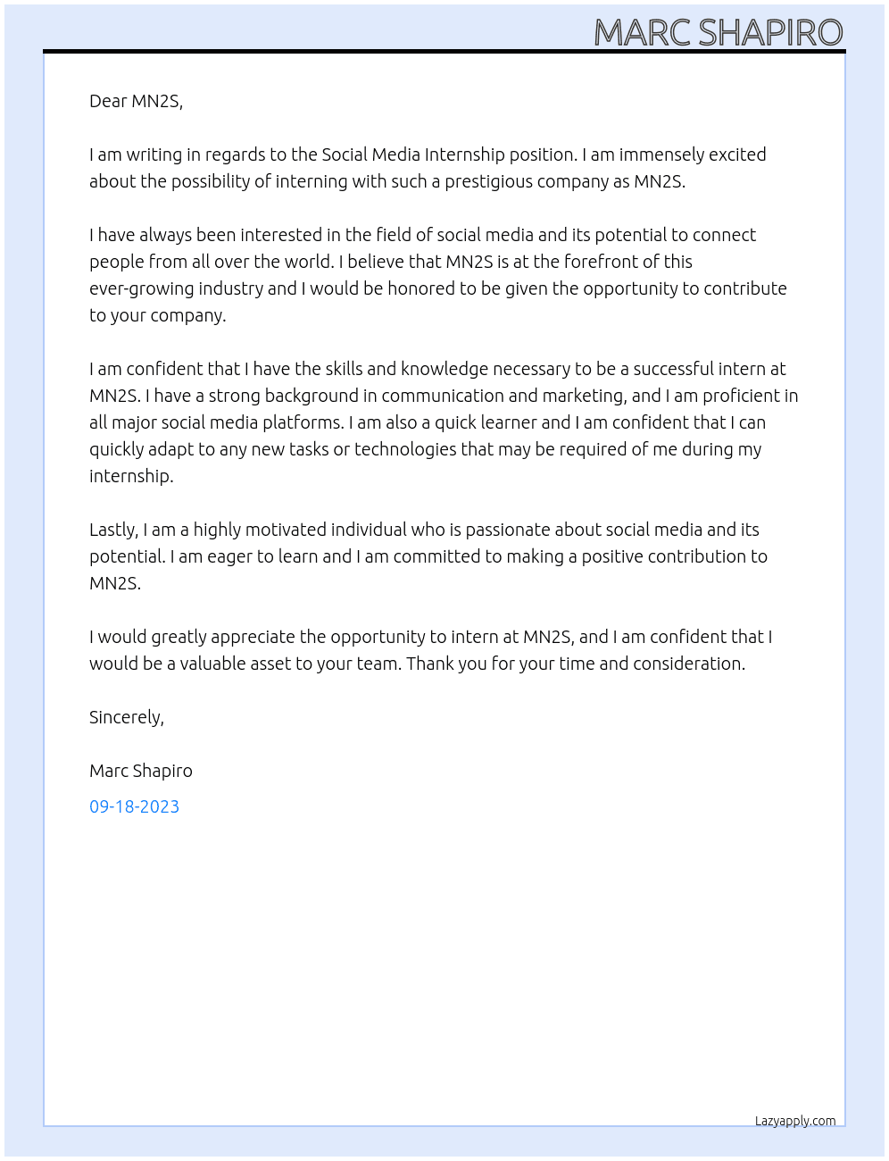SOCIAL MEDIA INTERNSHIP  At MN2S Cover Letter