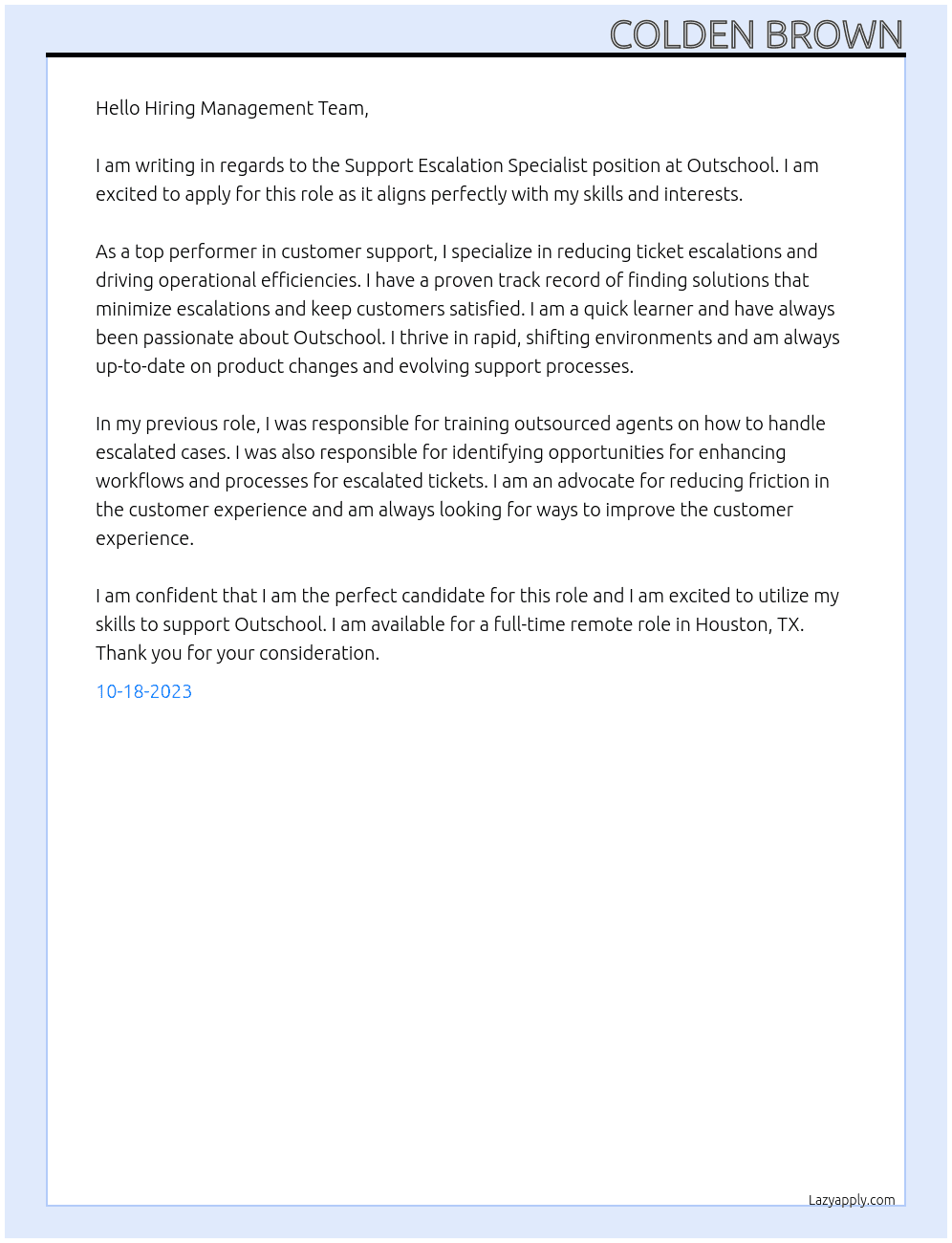 Support Escalation Specialist At Outschool Cover Letter