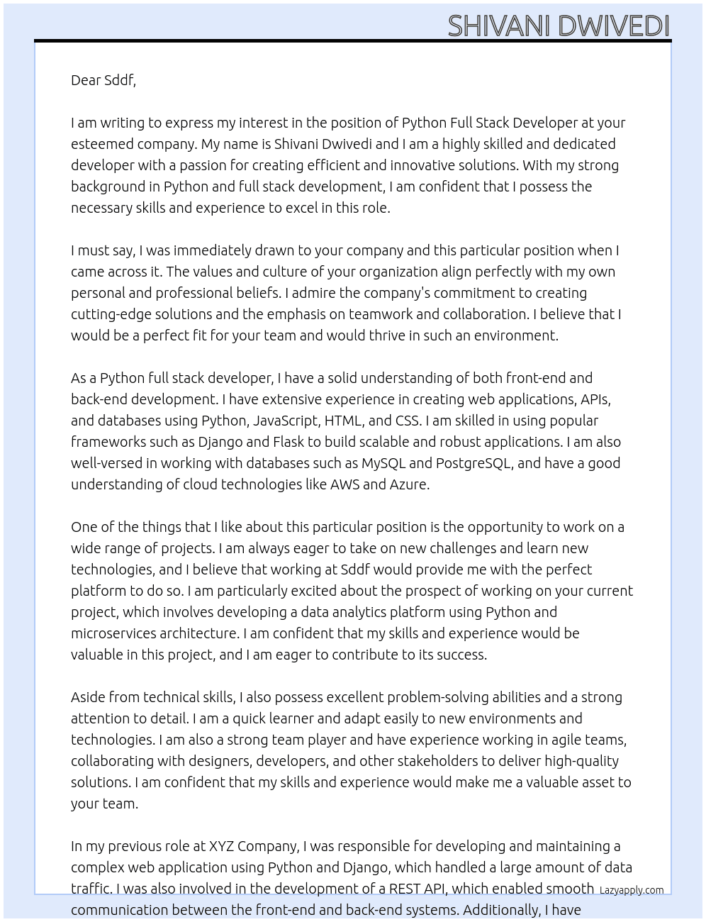 Python full stack devloper At sddf Cover Letter