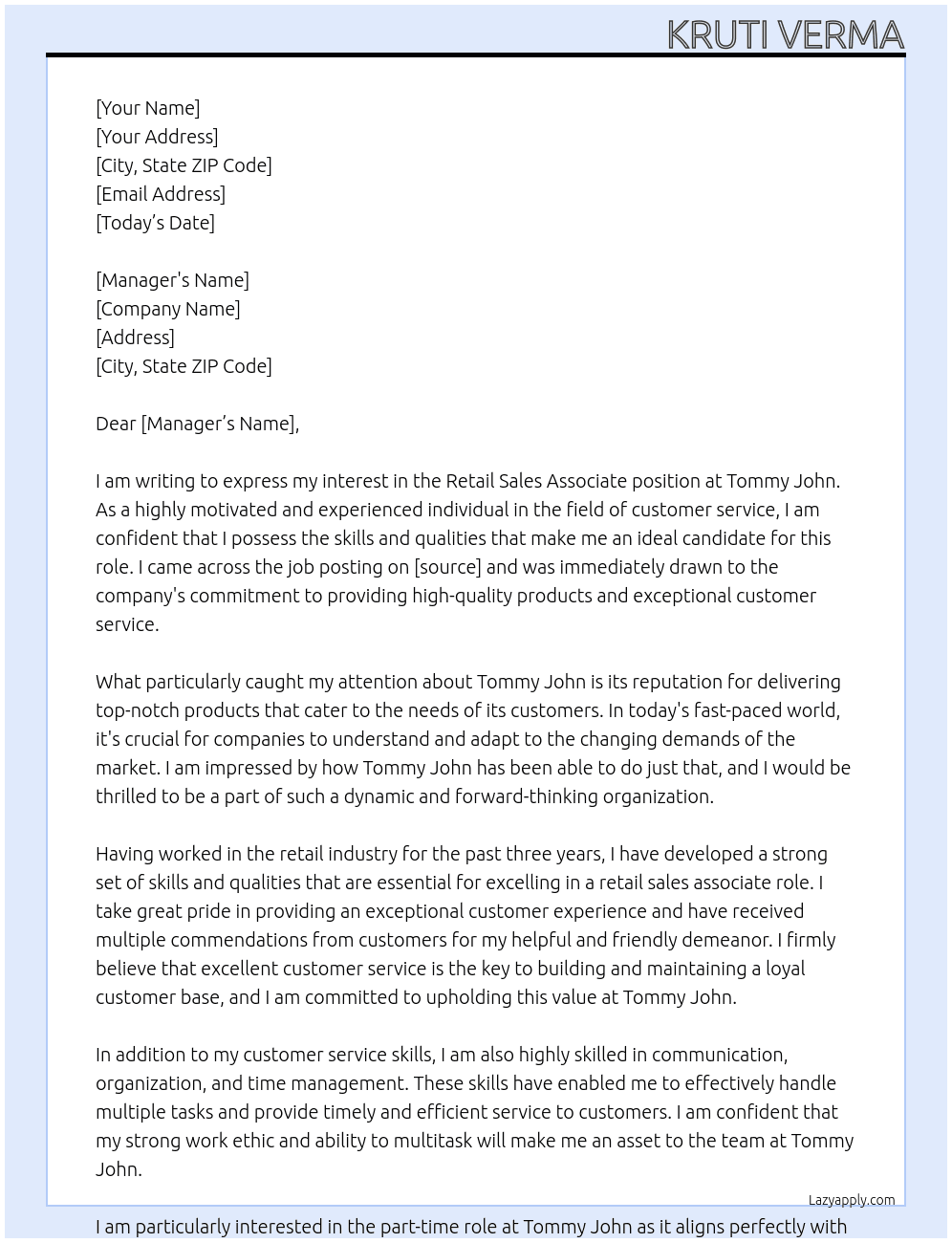 Retail sales associate At Tommy John Cover Letter