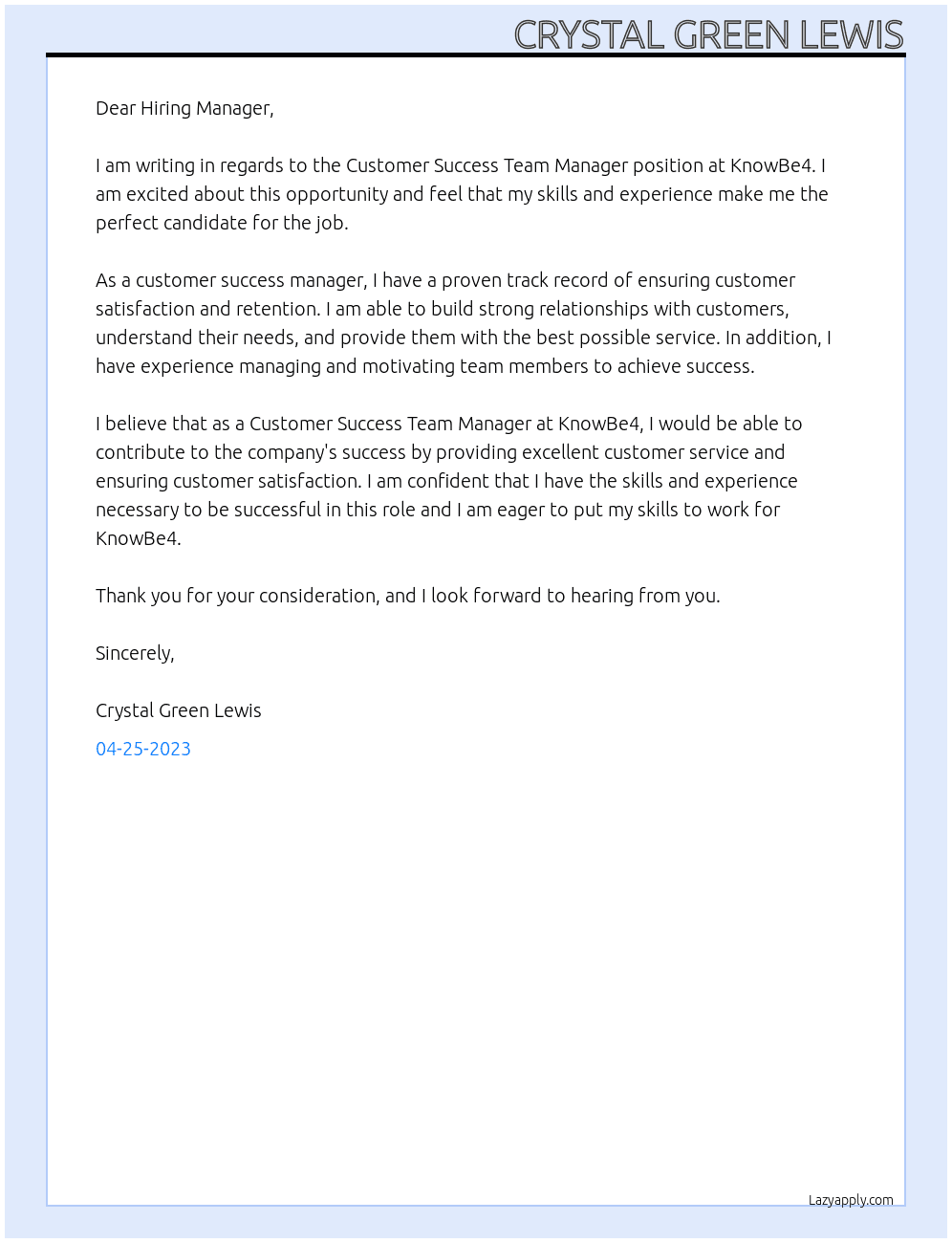 Customer Success Team Manager At KnowBe4 Cover Letter
