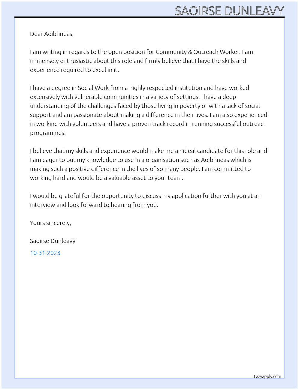 Community & Outreach Worker At Aoibhneas Cover Letter