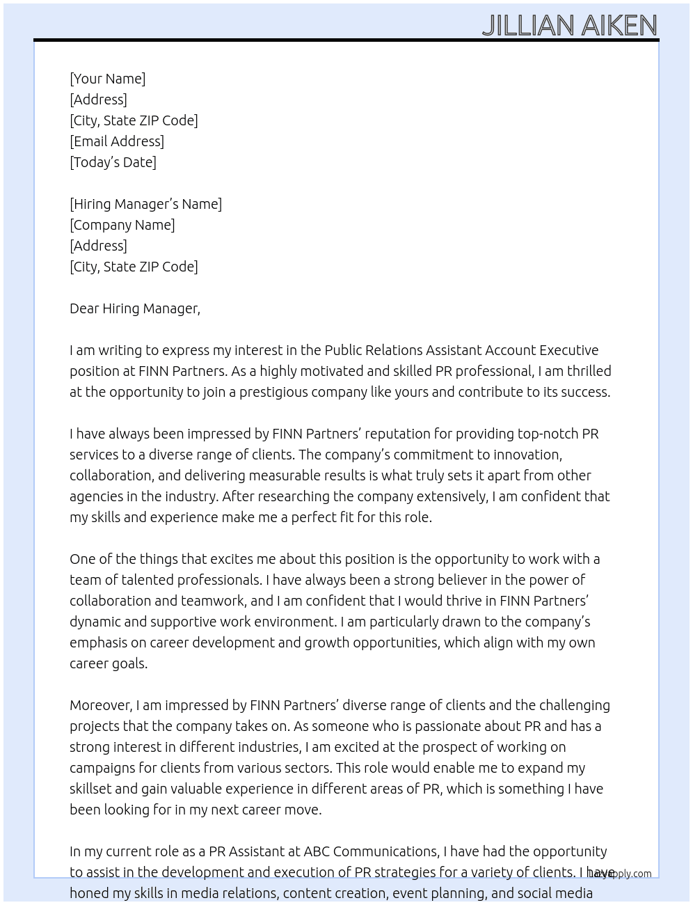 Public Relations Assistant Account Executive At FINN Partners Cover Letter