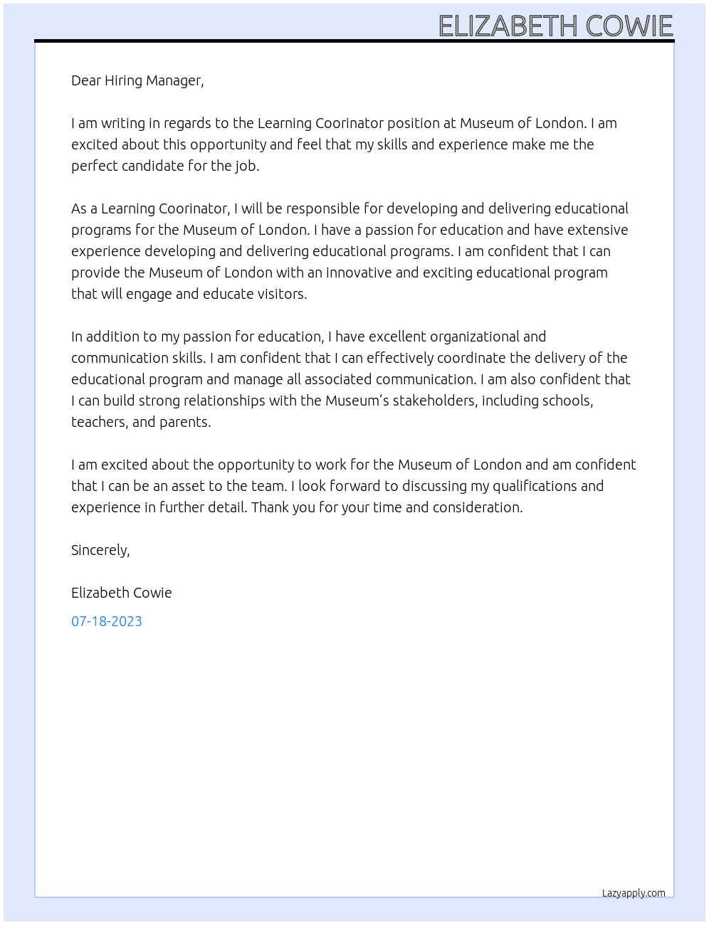 Learning Coorinator At Museum of London Cover Letter