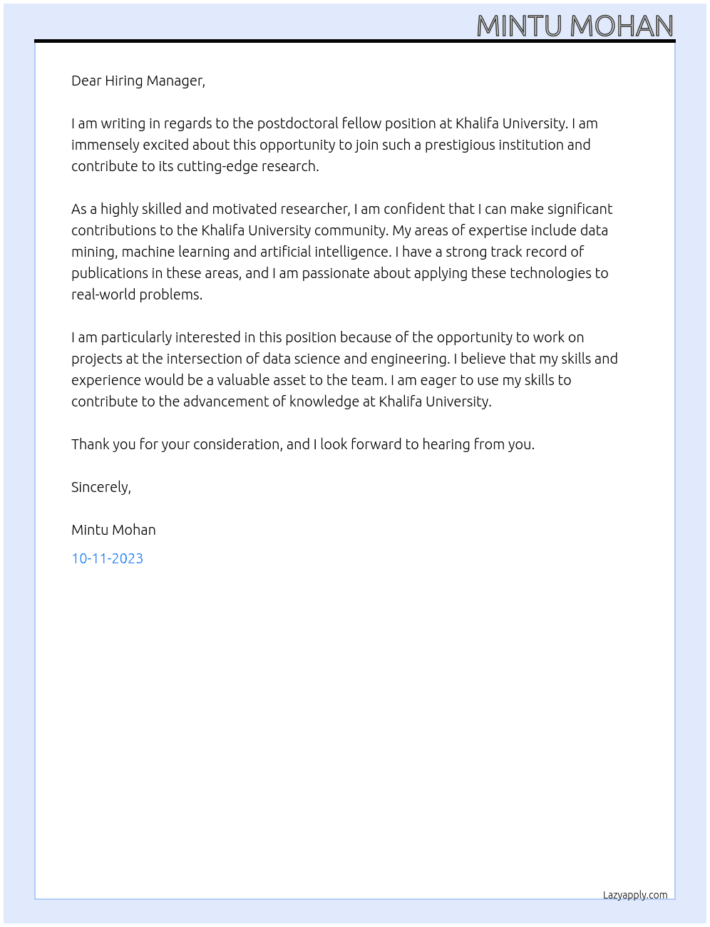 Post soctoral fellow At Khalifa University Cover Letter