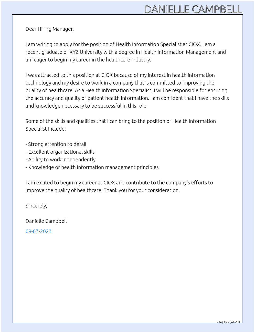 Health Information Specialist At CIOX  Cover Letter