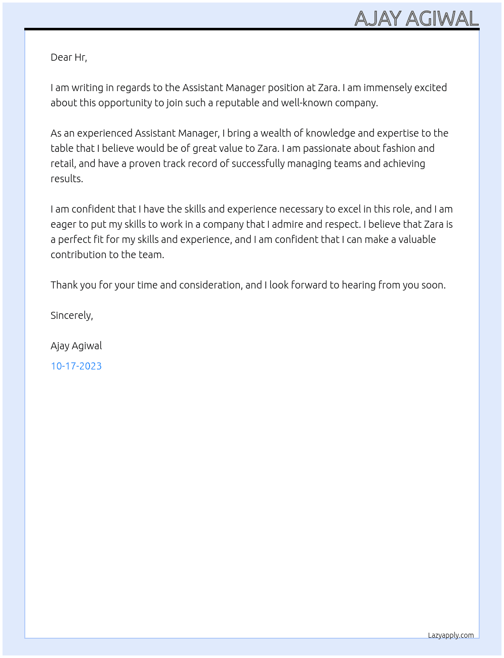 Assistant manager  At Zara Cover Letter