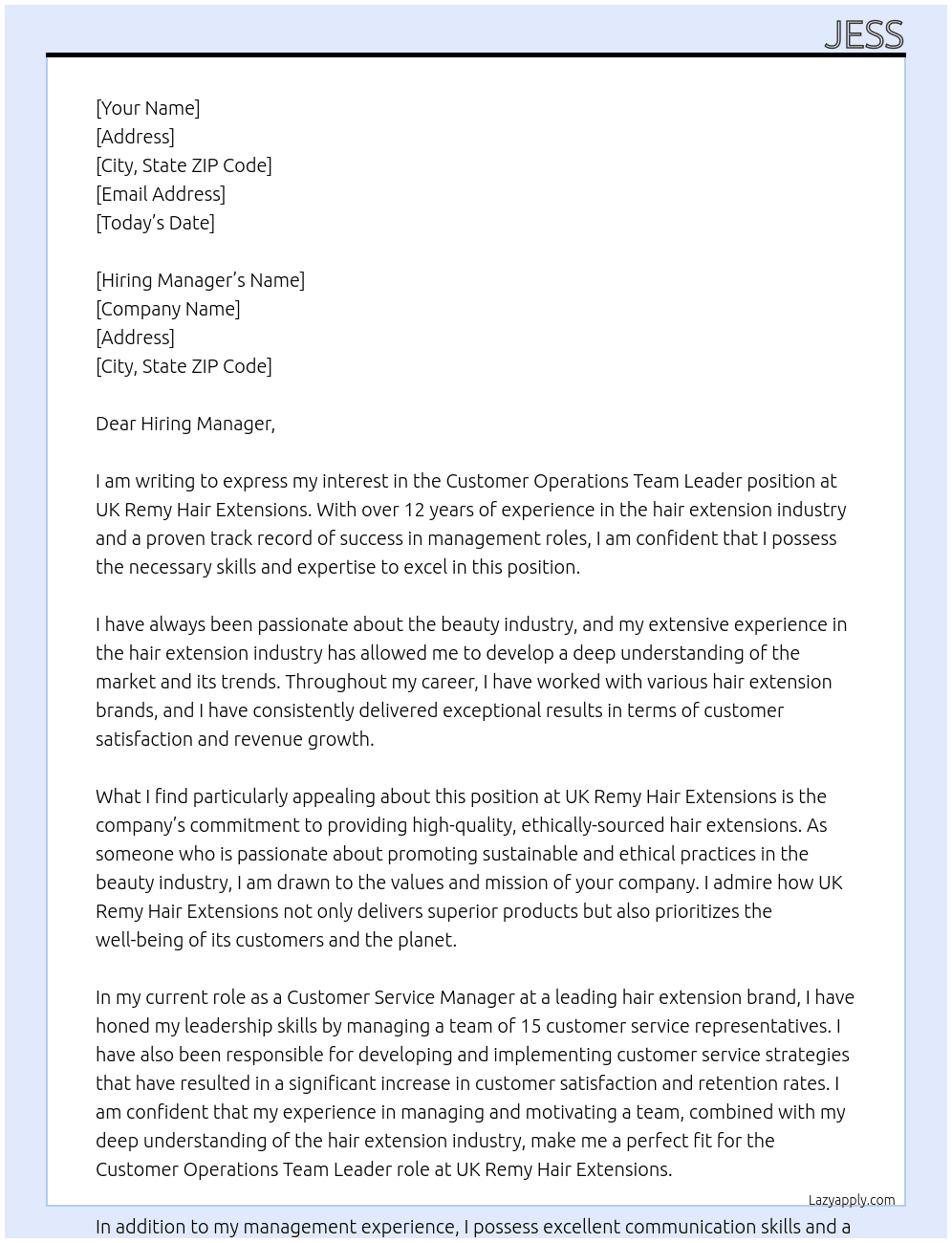 Customer Operations Team Leader At UK Remy Hair Extensions Cover Letter