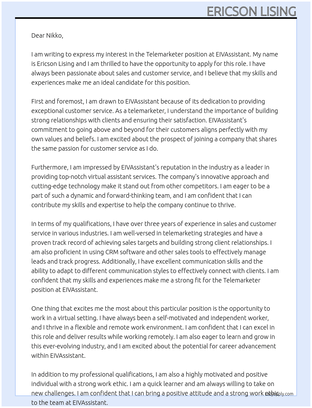 Telemarketer At EIVAssistant Cover Letter