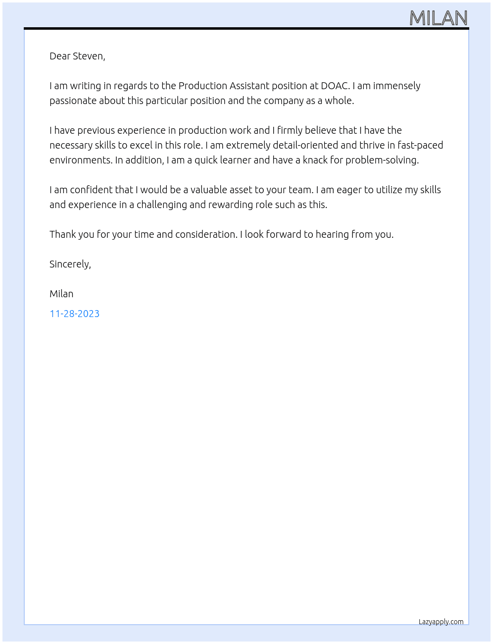 Production Assistant At DOAC Cover Letter