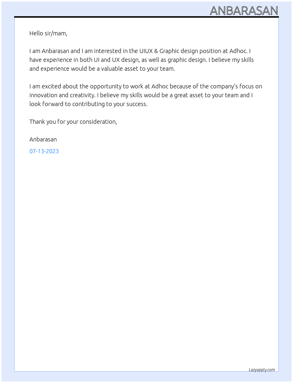 UIUX & Graphic design At Adhoc  Cover Letter