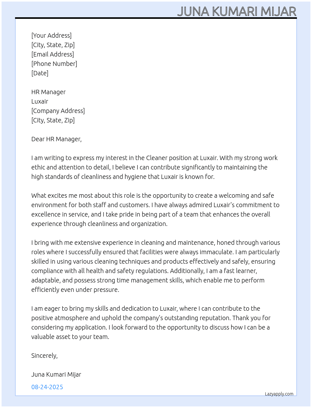 Cleaner At Luxair Cover Letter