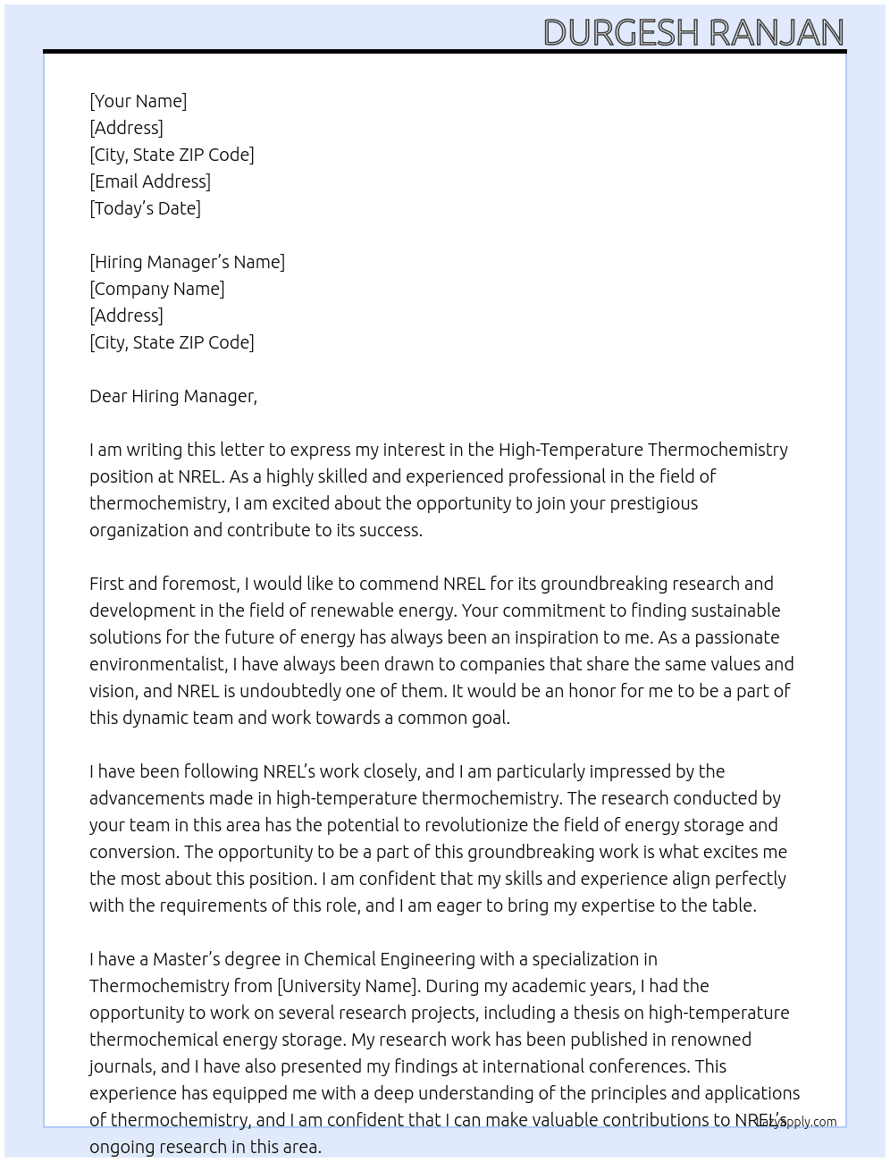 High-Temperature Thermochemistry At NREL Cover Letter