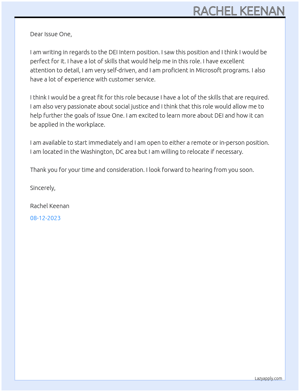 DEI Intern  At Issue One  Cover Letter