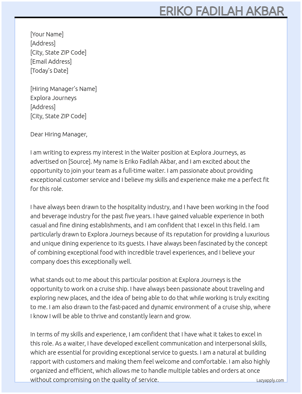 Waiter At Explora Journeys Cover Letter