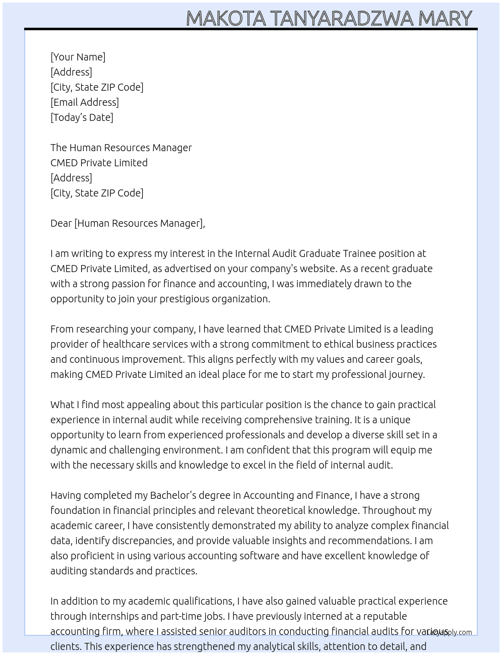 Internal Audit Graduate Trainee At CMED Private Limited Cover Letter