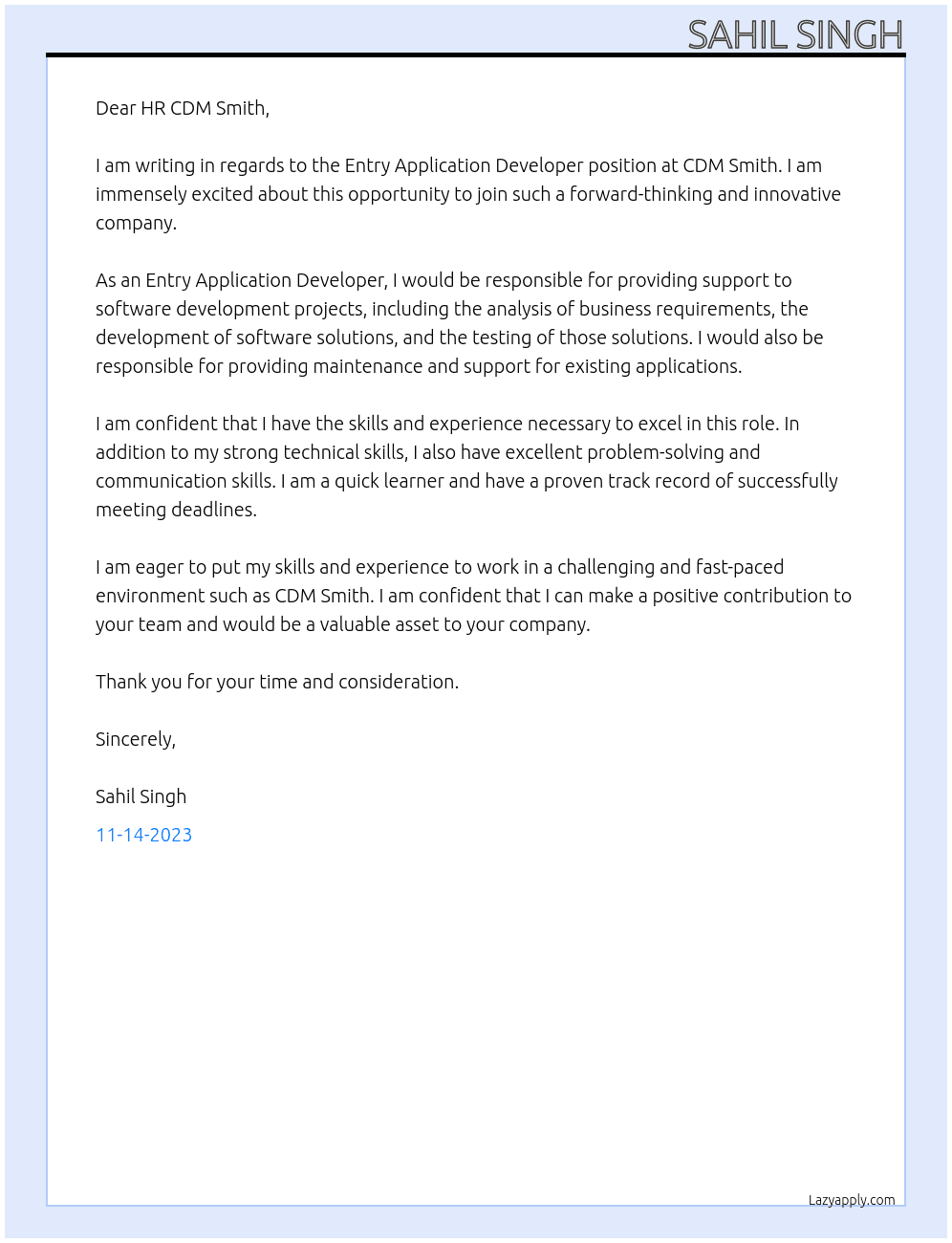 Entry Application Devloper At CDM Smith Cover Letter