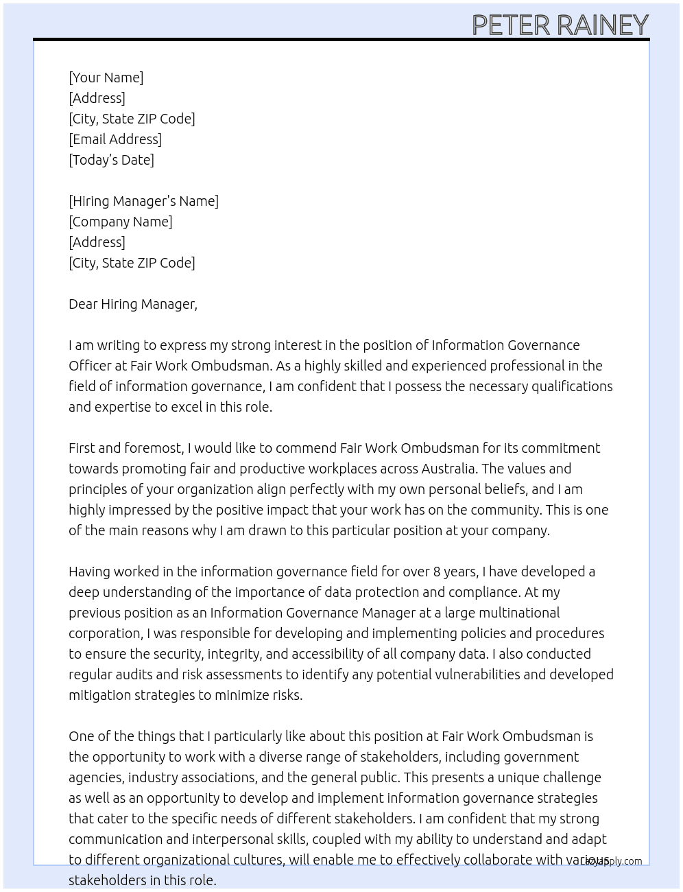 Cover letter for information governance officer - LazyApply