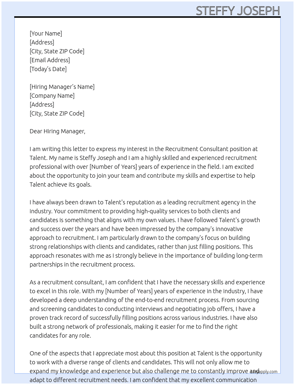 Recruitment Consultant At Talent Cover Letter