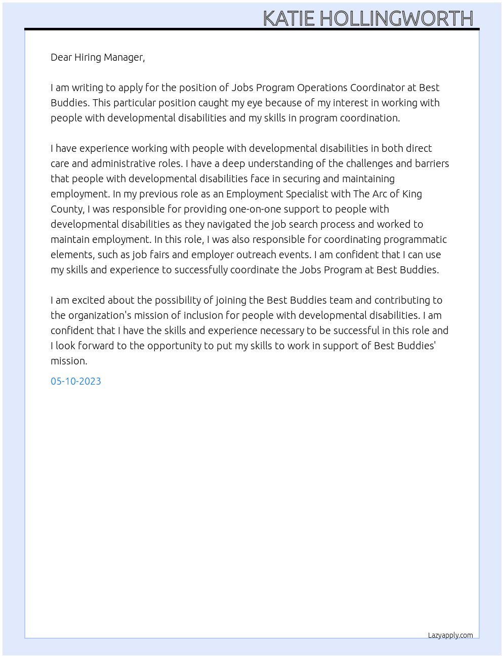  jobs program operations coordinator  At Best Buddies  Cover Letter