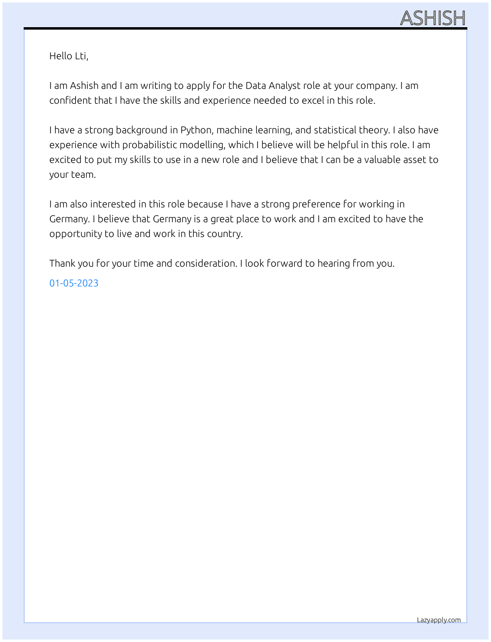 Data analyst At Lti Cover Letter