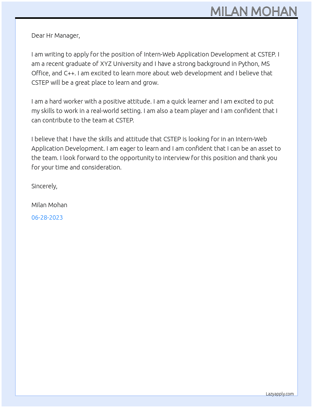 Intern-Web Application Development  At CSTEP Cover Letter
