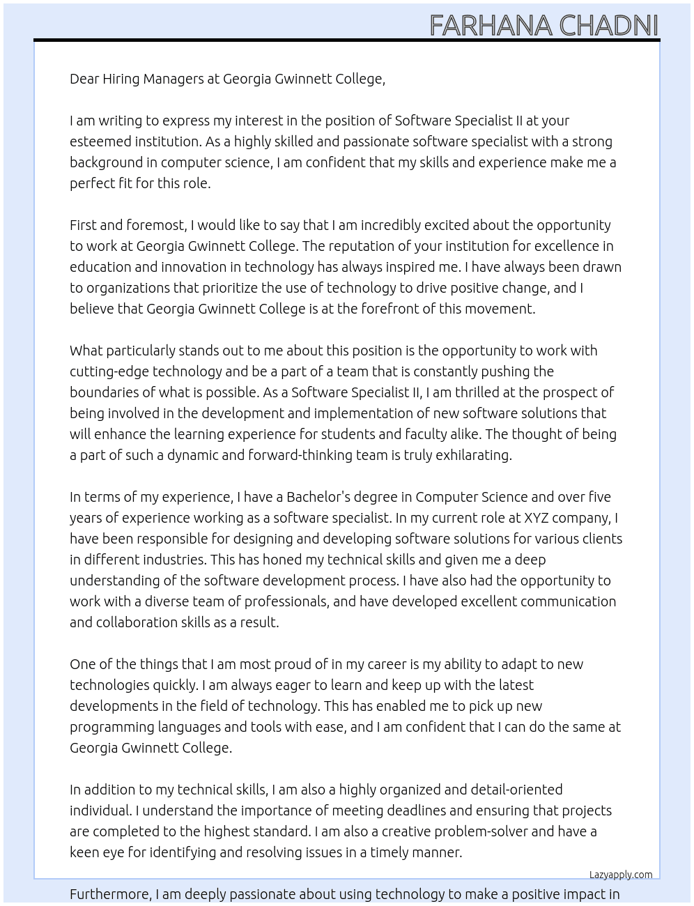 Software Specialist II At Georgia Gwinnett College Cover Letter