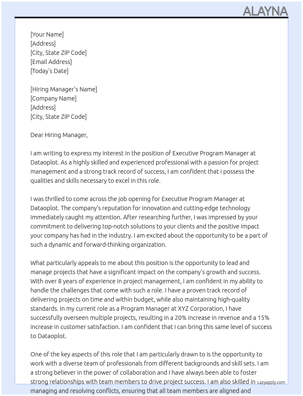 Executive Program Manager At dataoplot Cover Letter