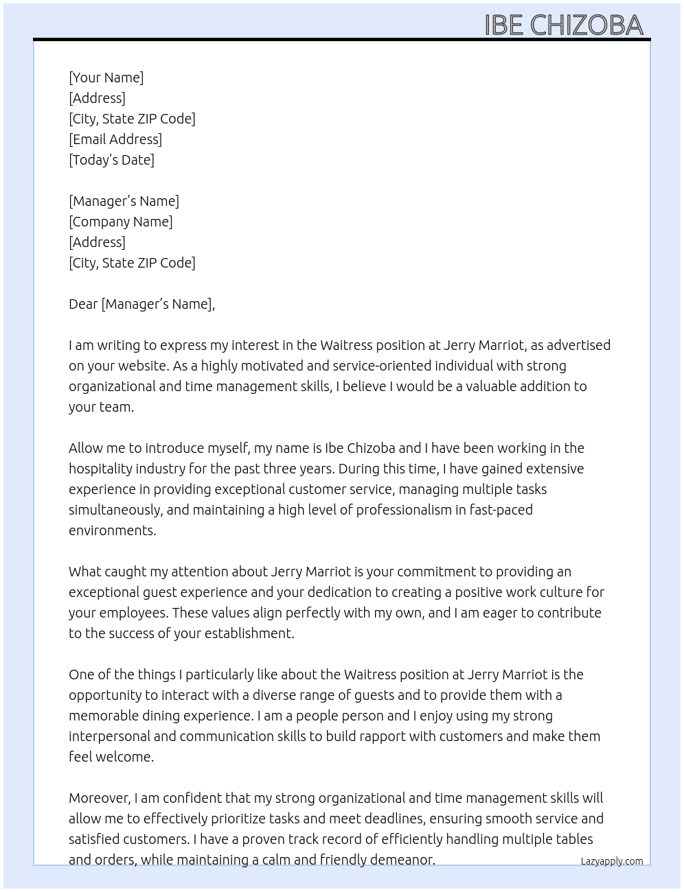 Waitress  At Jerry Marriot Cover Letter