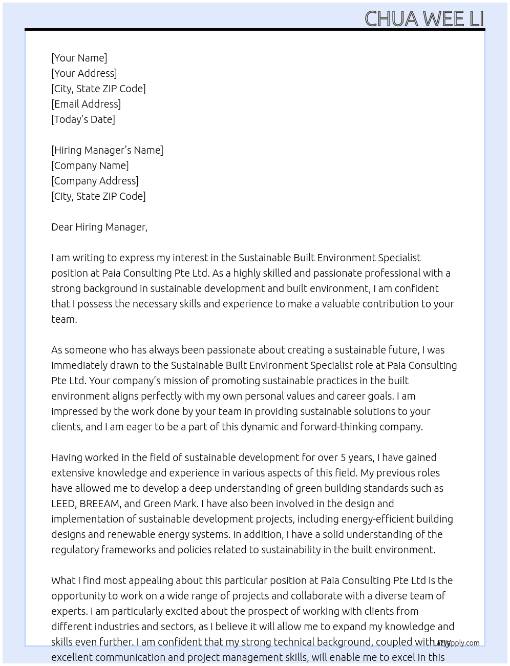 Sustainable Built Environment Specialist At Paia Consulting Pte Ltd  Cover Letter
