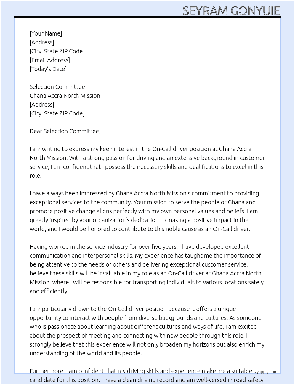On-Call driver At Ghana Accra North Mission Cover Letter