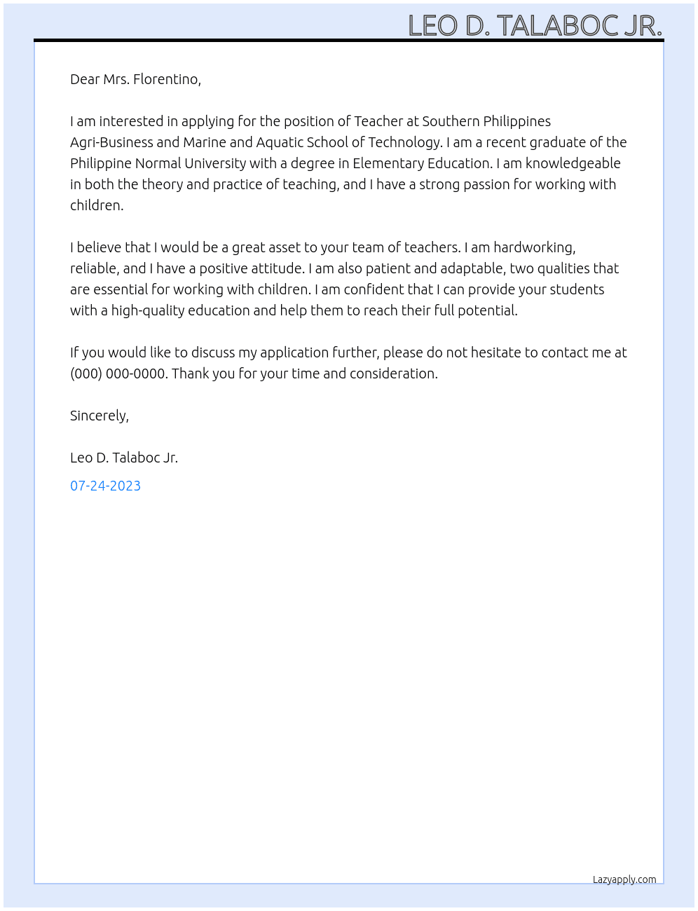Teacher At Southern Philippines Agri-Business and Marine and Aquatic School of Technology  Cover Letter