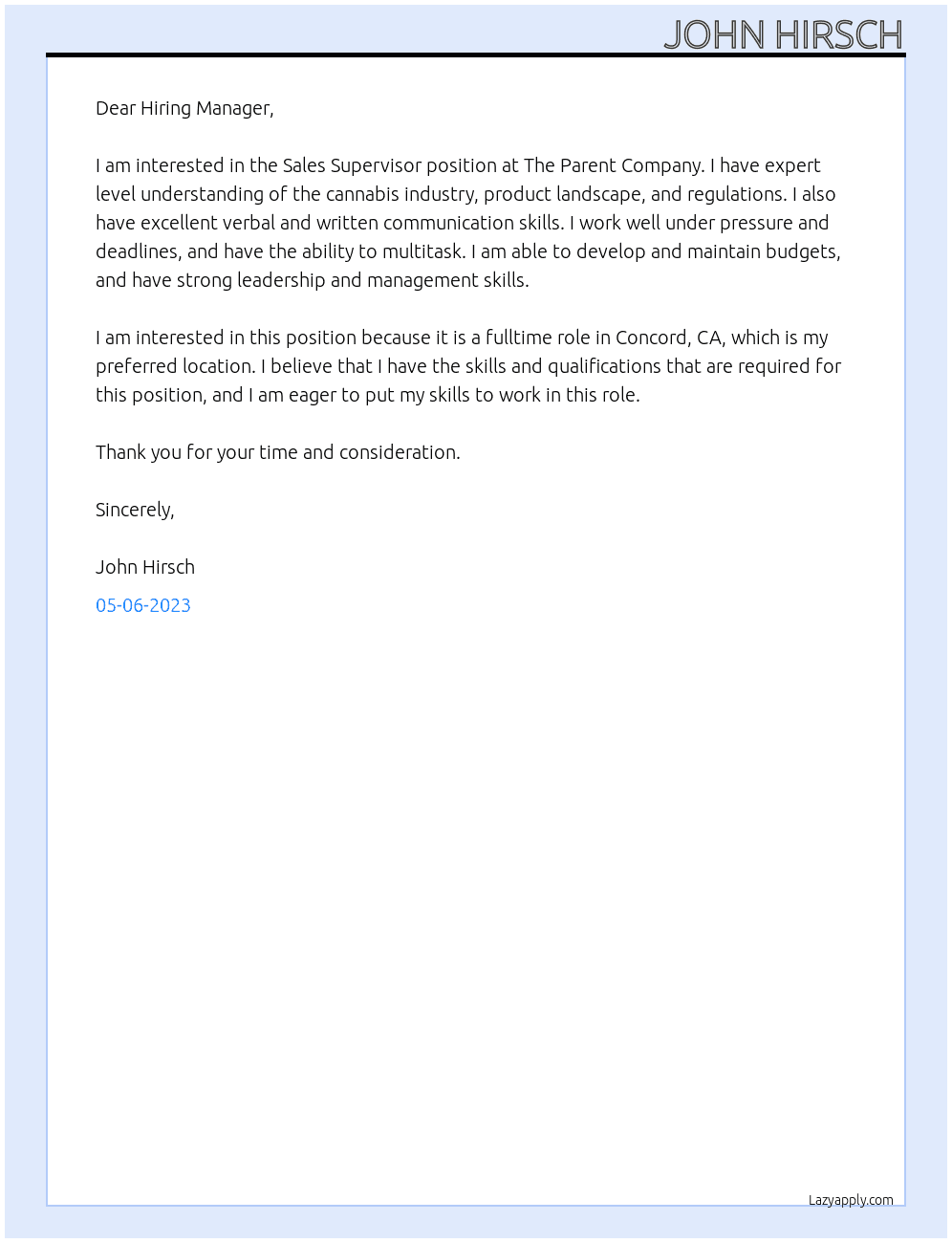 Sales Supervisor At The Parent Company Cover Letter