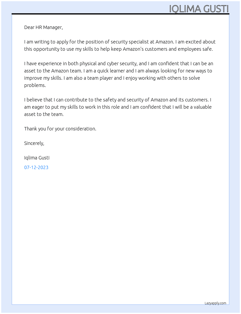 security specialist At Amazon Cover Letter