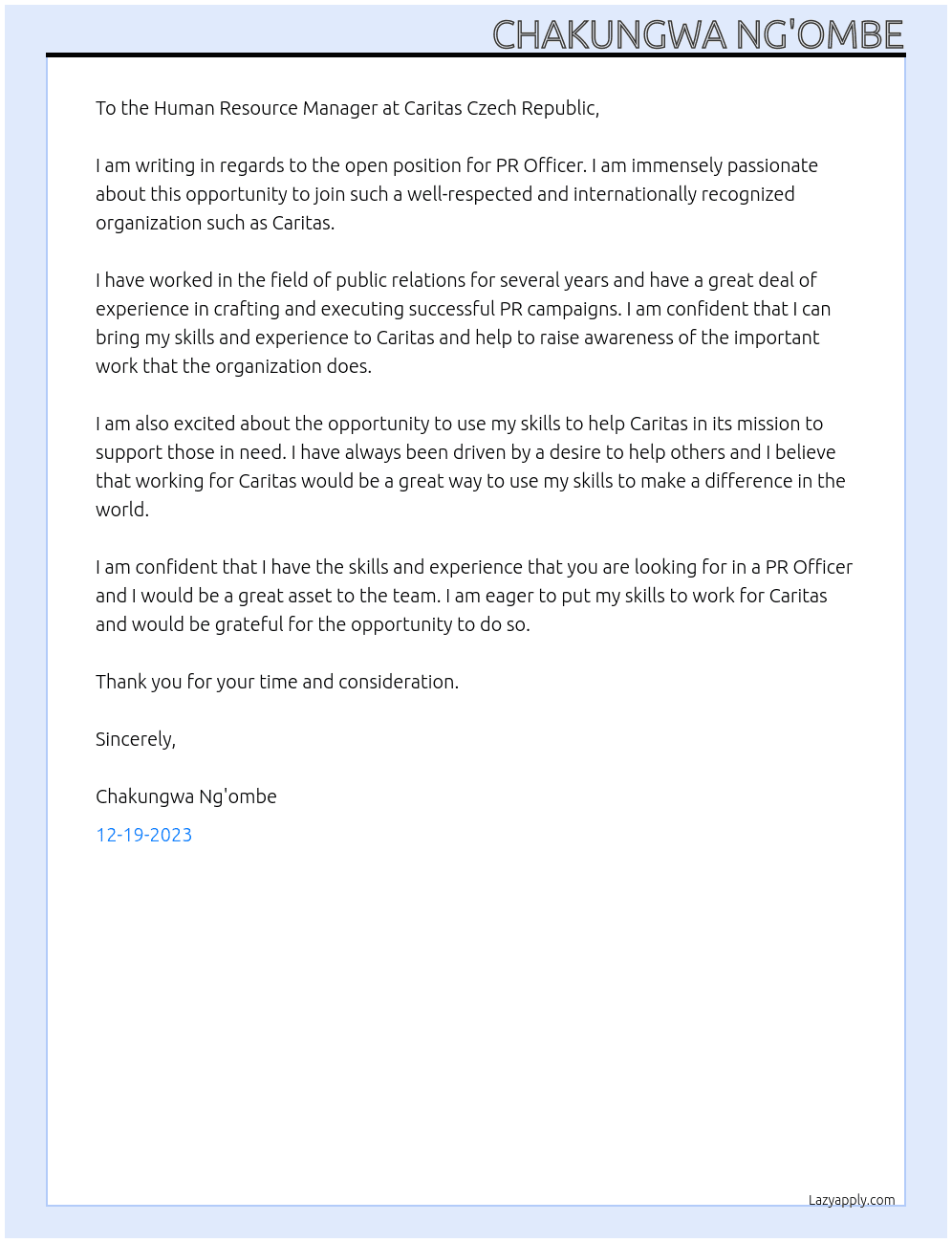 PR Officer At Caritas Czech Republic Cover Letter