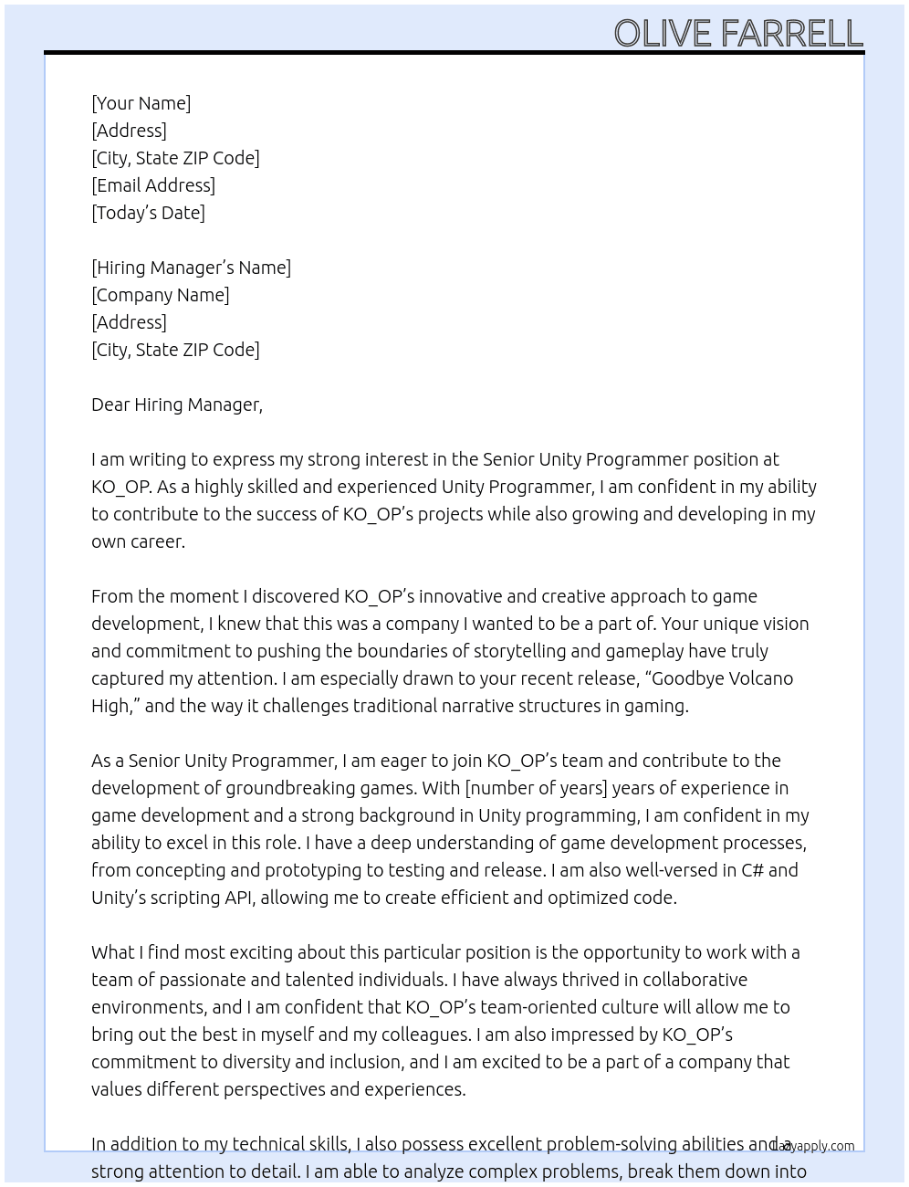 Senior Unity Programmer At KO_OP Cover Letter