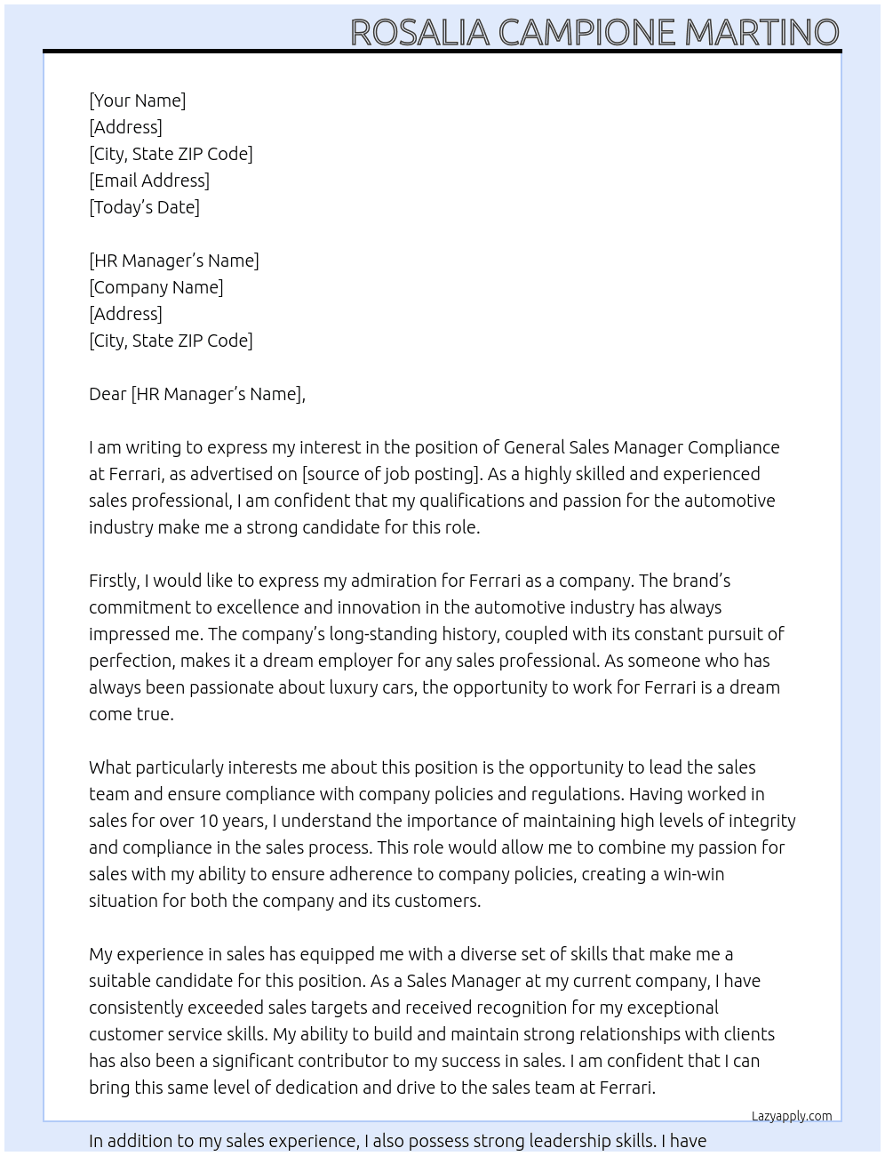 General Sales Manager Compliance  At Ferrari  Cover Letter