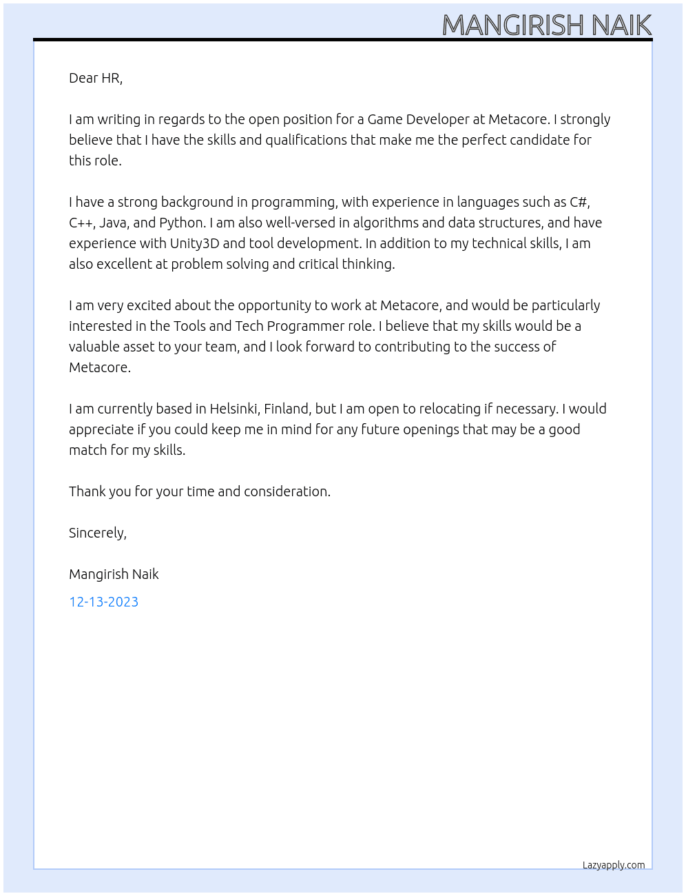 Game Developer At Metacore Cover Letter