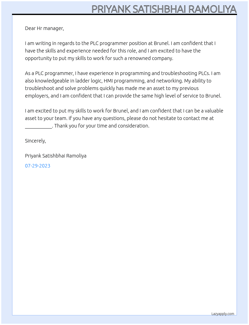 PLC programmer At Brunel Cover Letter