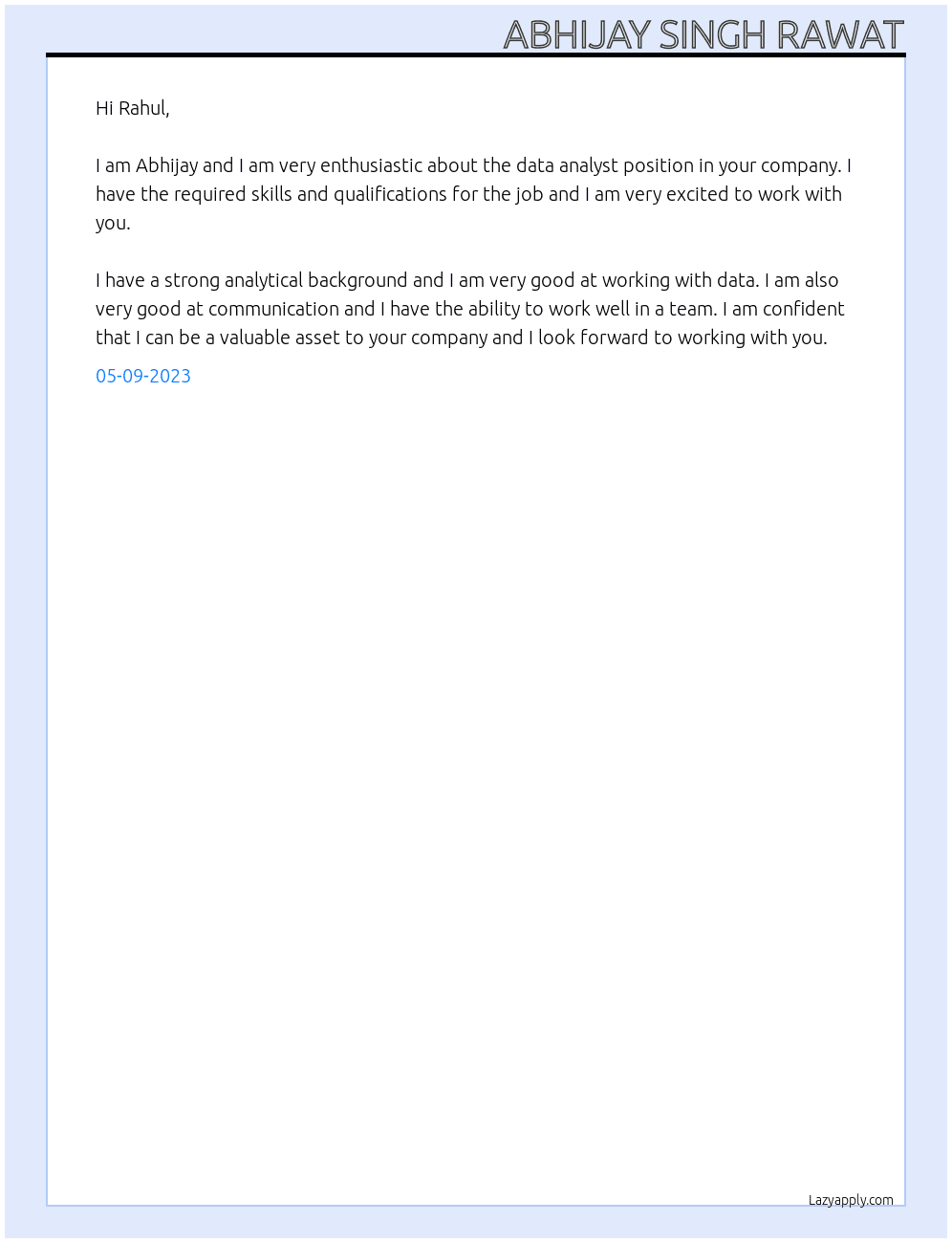 Data Analyst At Rahul Sahu Cover Letter