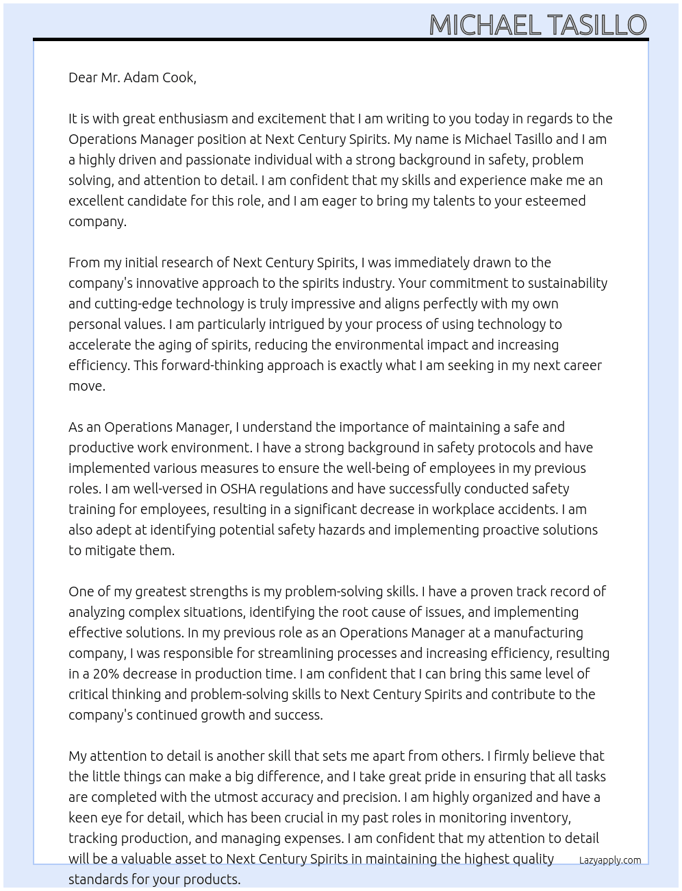 Operations Manager At Next Century Spirits Cover Letter