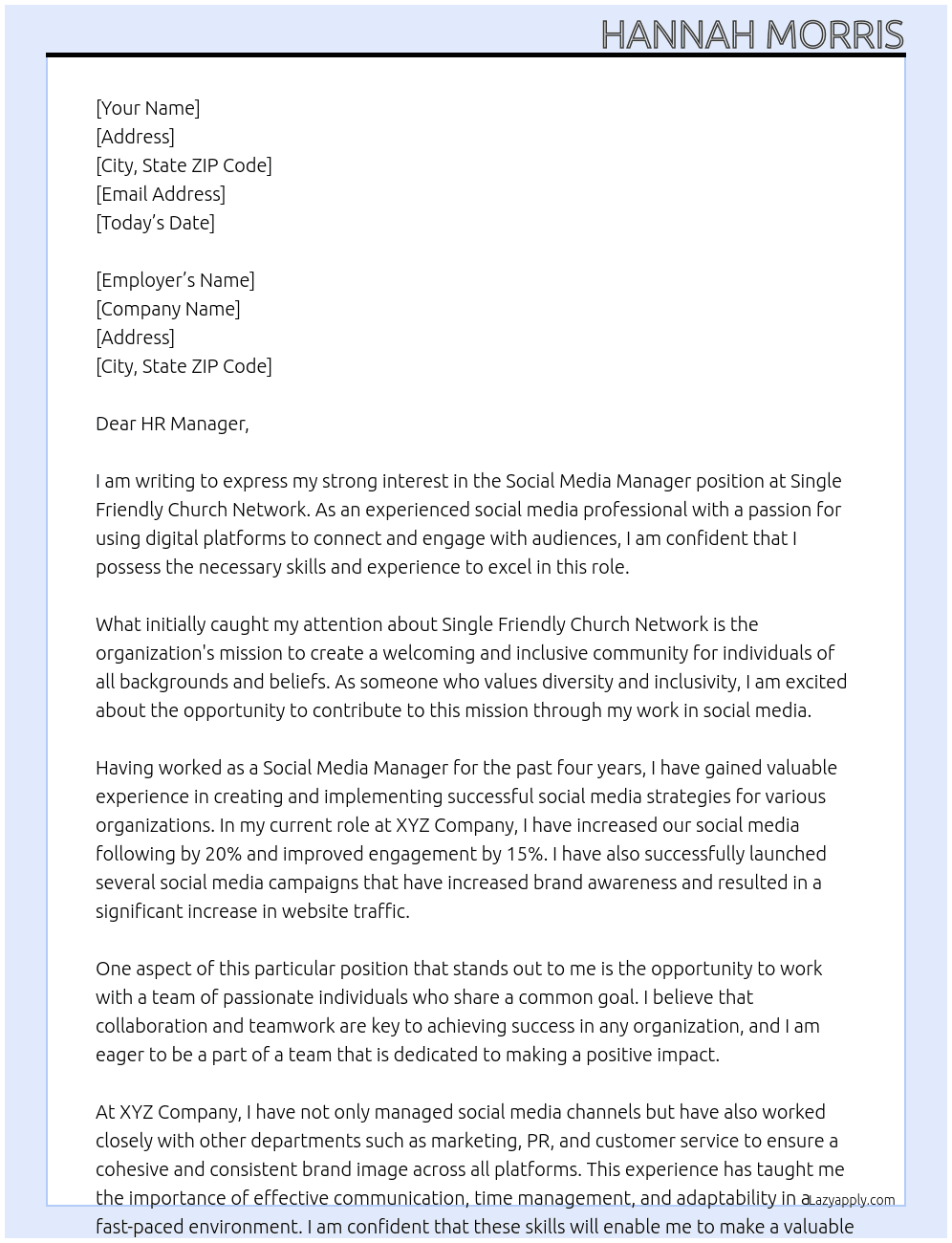 Social Media Manager At Single Friendly Church Network Cover Letter