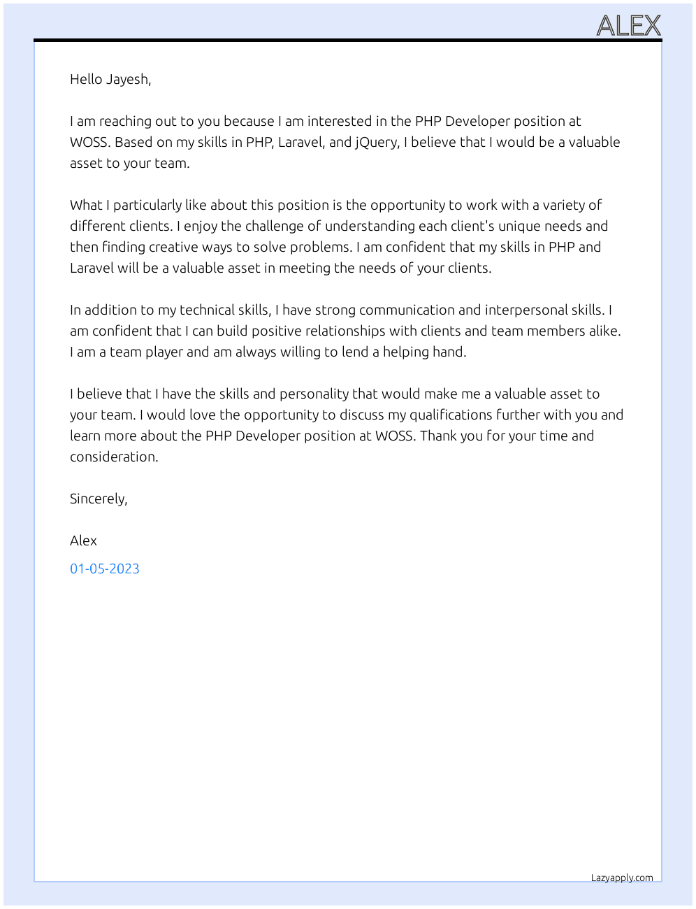 php developer At WOSS Cover Letter
