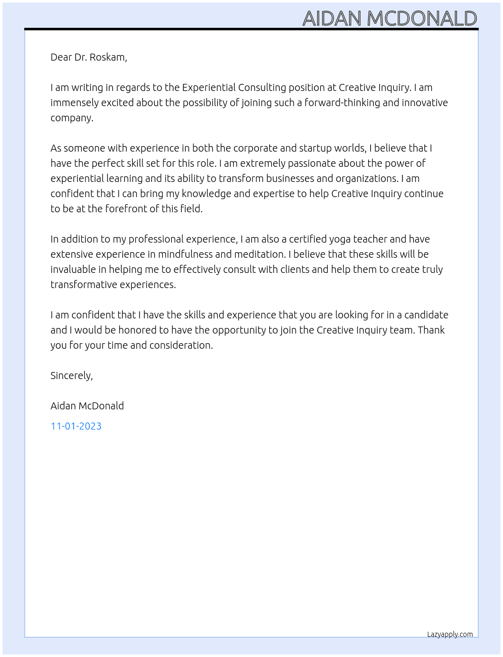 Experiential Consulting At Creative Inquiry Cover Letter