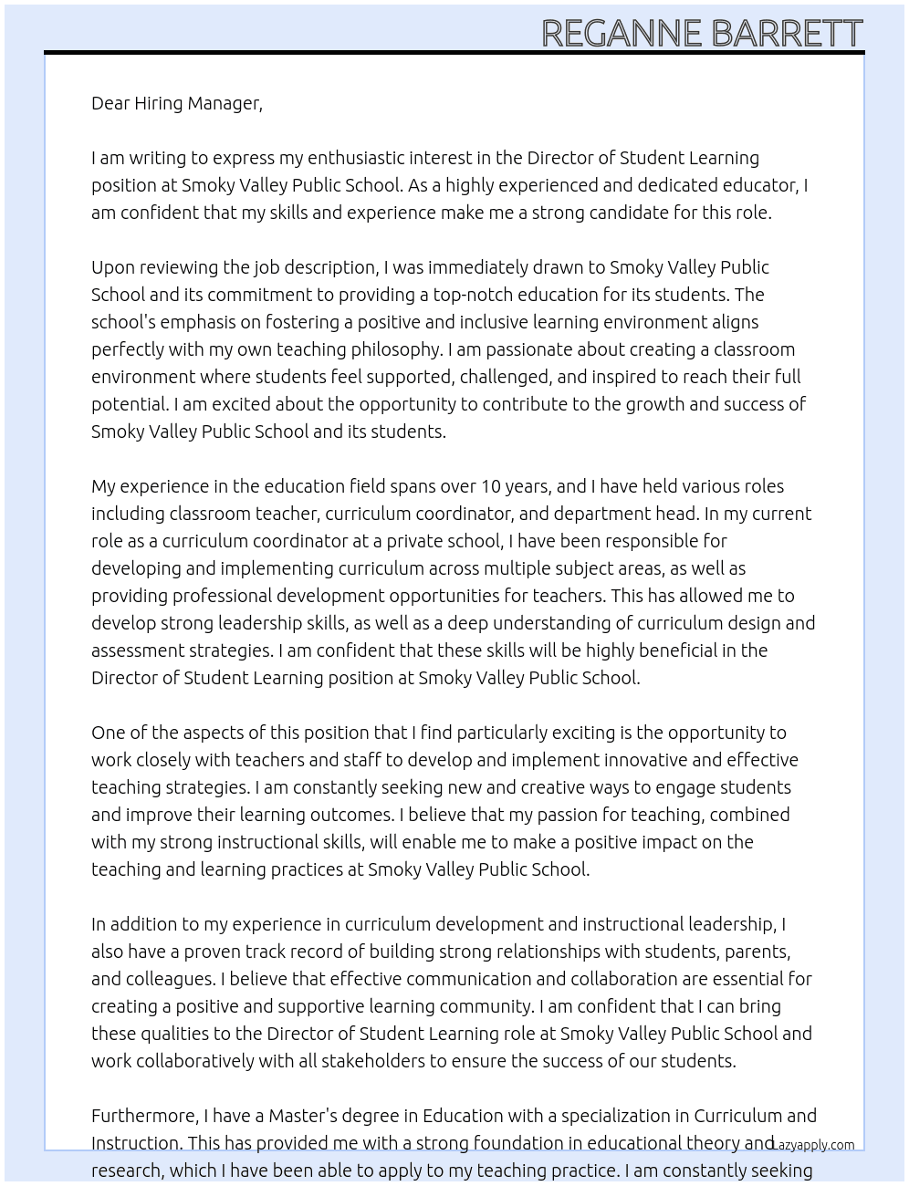 Director of Student Learning At Smoky Valley Public School Cover Letter