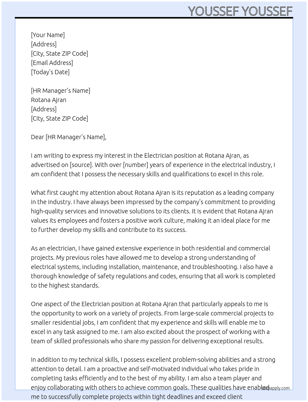 Electrician At Rotana Ajran Cover Letter