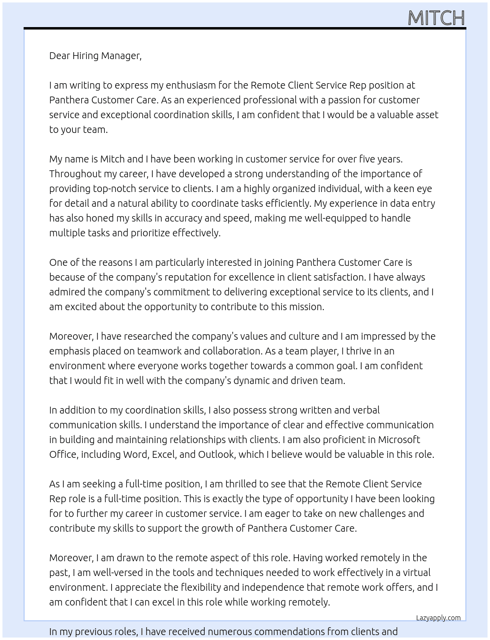 Remote Client Service Rep At Panthera Customer Care Cover Letter