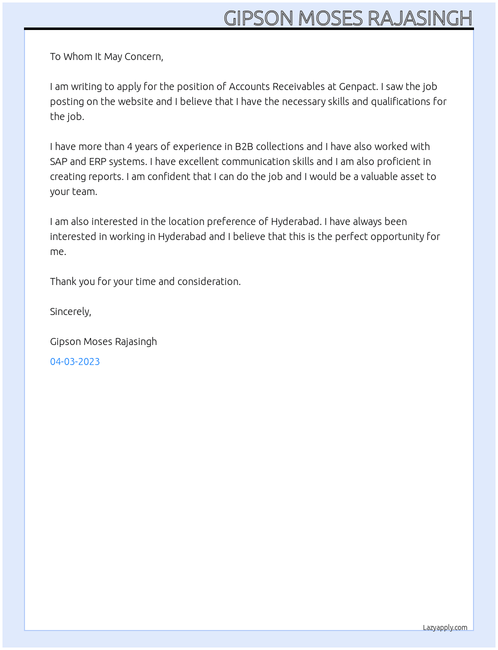 Accounts receivables  At Genpact Cover Letter