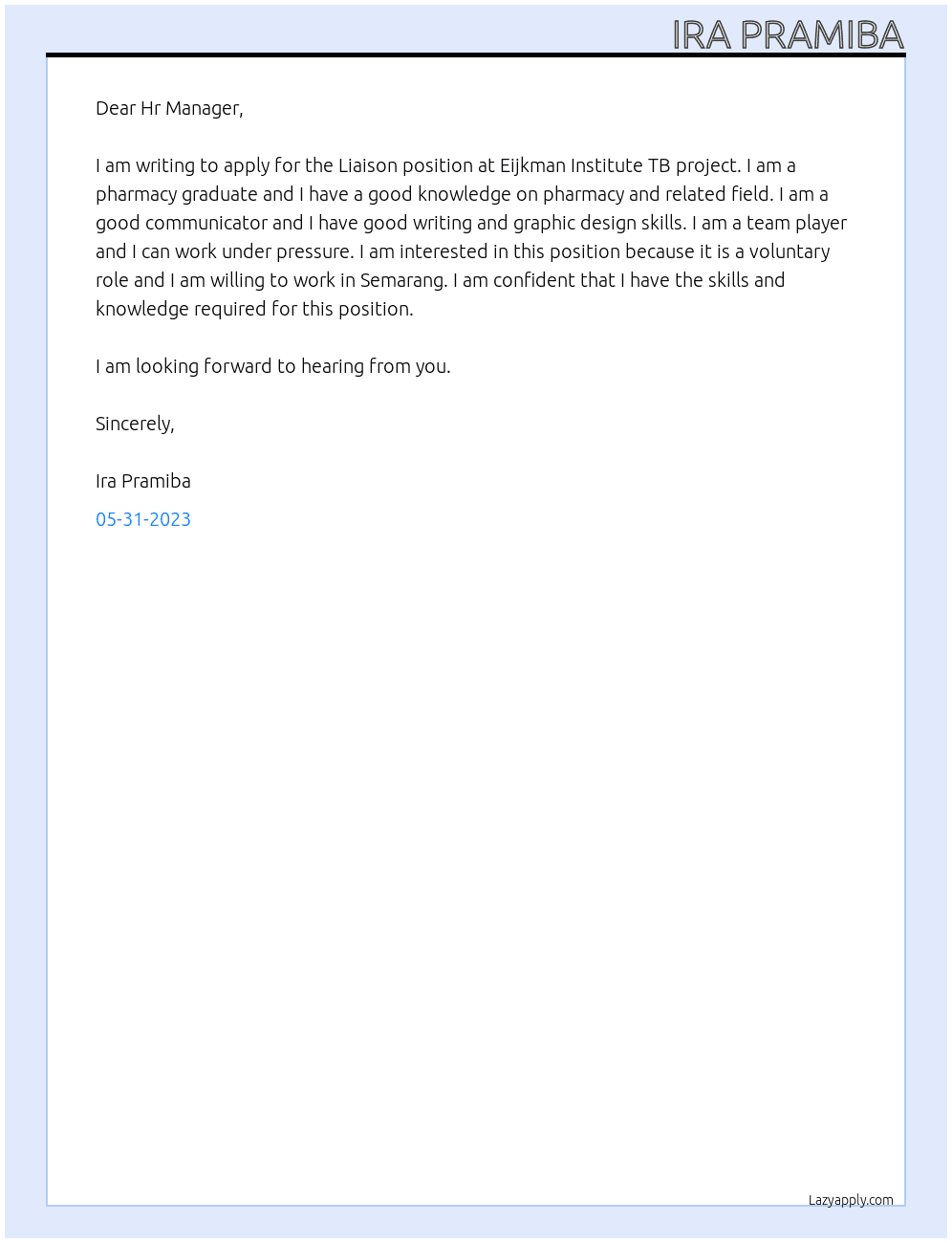 Liaison At Eijkman Institute TB project Cover Letter